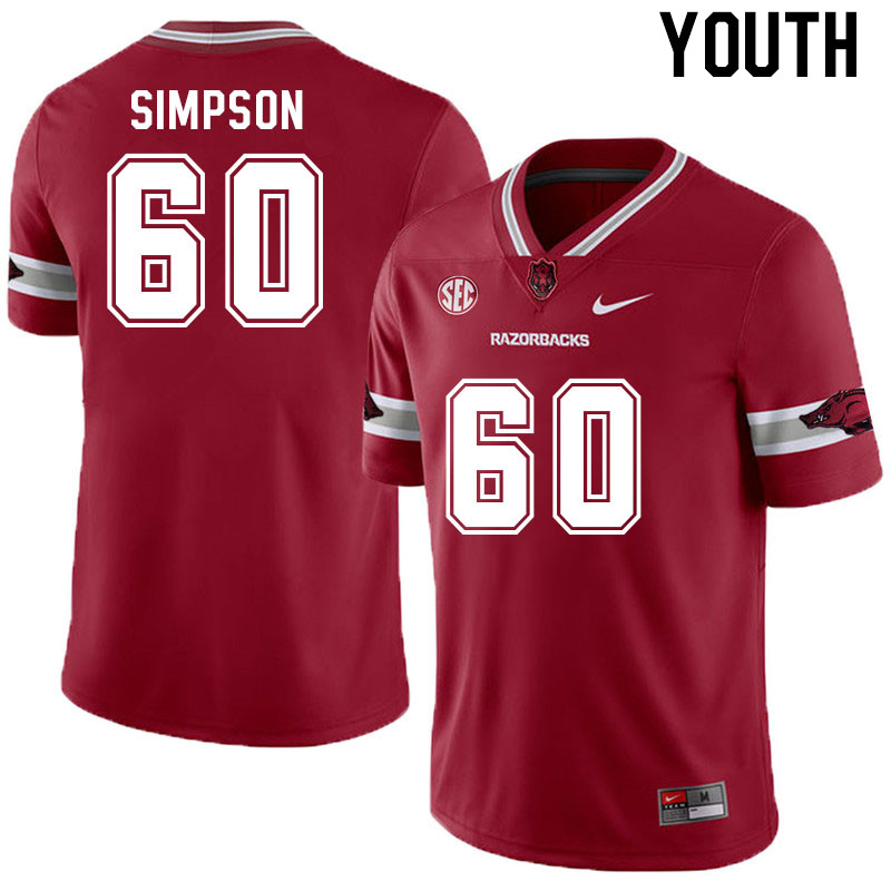 Youth #60 Payton Simpson Arkansas Razorback College Football Jerseys Stitched Sale-Alternate Cardina - Click Image to Close